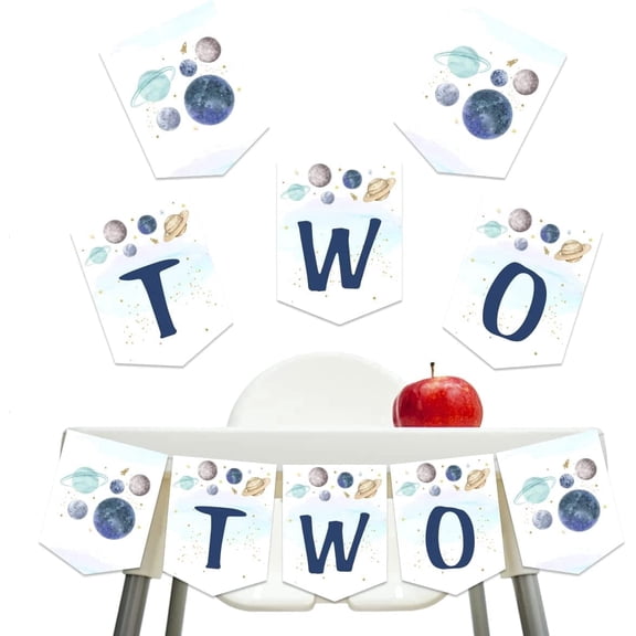 Two The Moon High Chair Banner, Outer Space 2nd Birthday Decorations, Blue Outer Space Planet 2nd Birthday Highchair Garland Decorations for Boys Two Years old Party Supplies