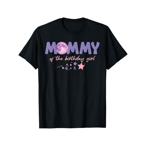 Two The Moon Mommy Of the Birthday Girl Astronaut Family T-Shirt 180G 100% Cotton Printed Round Neck Short-Sleeve T-Shirt, New Year Gifts for Men Dad Husband Grandpa, S-XXXL, Black