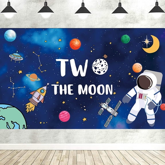 Two the Moon Photography Backdrop 2 the Moon Space Photo Background Outer Space/Galaxy Astronaut/Space Man/Robot UFO Theme Baby 2nd Birthday Party Supplies Photo Studio Props Decorations Banner