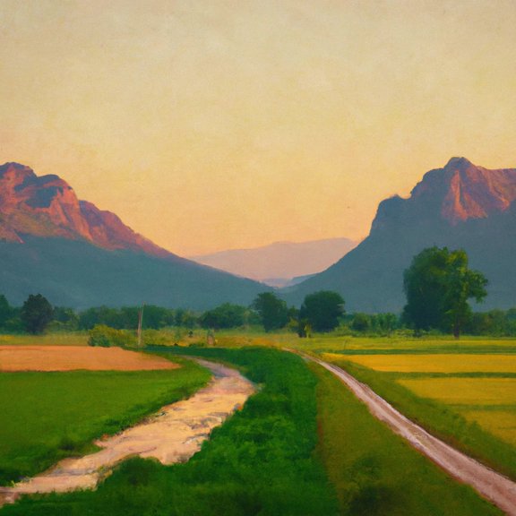 Two Mountains at Sunrise With A River and Rice Field Painting I - 12" x 12" Art Print