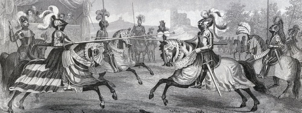 Two Mounted Knights In Full Armour Jousting In A Medieval Tournament From A 19Th Century Engraving Canvas Art - Ken Welsh Design Pics (36 x 14)