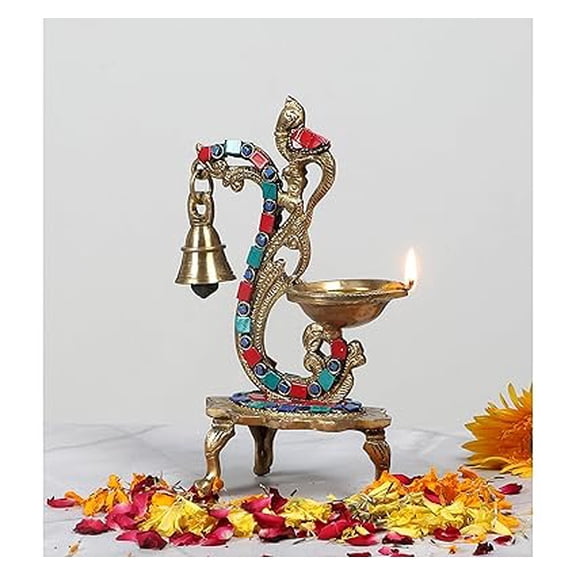 Two Moustaches Gemstone Work Ethnic Carved Peacock Design Brass Diya with Bell