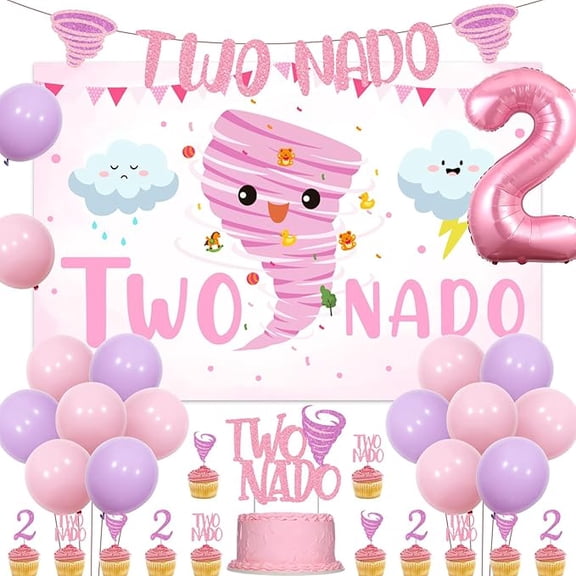 Two Nado Birthday Party Decorations for Girls, Tornado 2nd Birthday Party Decor with Two Nado Backdrop Banner Cake Topper, Number 2 Balloon, Baby Girl 2 Year Old Birthday Supplies