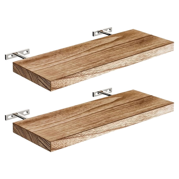 Two Natural Wood Wall Shelves Space Saving Design Durable Load Capacity Holders