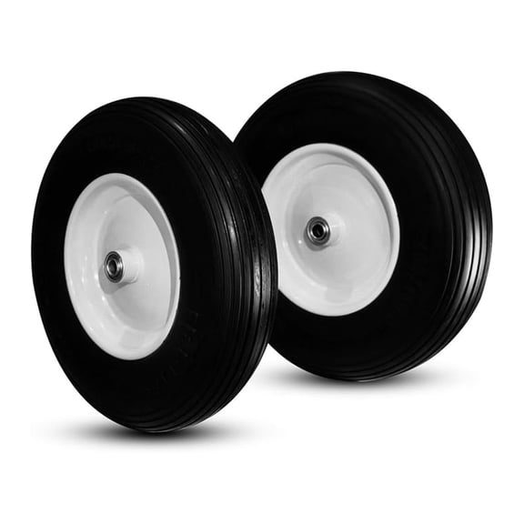 Two New T157 Ribbed 4.80/4.00-8" Flat Free Wheelbarrow/Cart Universal 16" Tires w/Steel Rim, Bore 5/8" or 3/4", Hub 3-6"