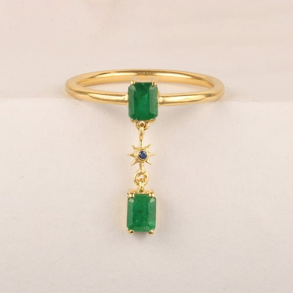 Two Octagon Emerald Prong Set and Drop Blue Sapphire Wedding Bridal Unique Ring, Plain Band Drop Connecting Lock Party Wera Ring, Yellow Plated Band Handmade Ring,