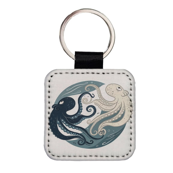 Two Octopus Yin Yang Faux Leather Square Keychain