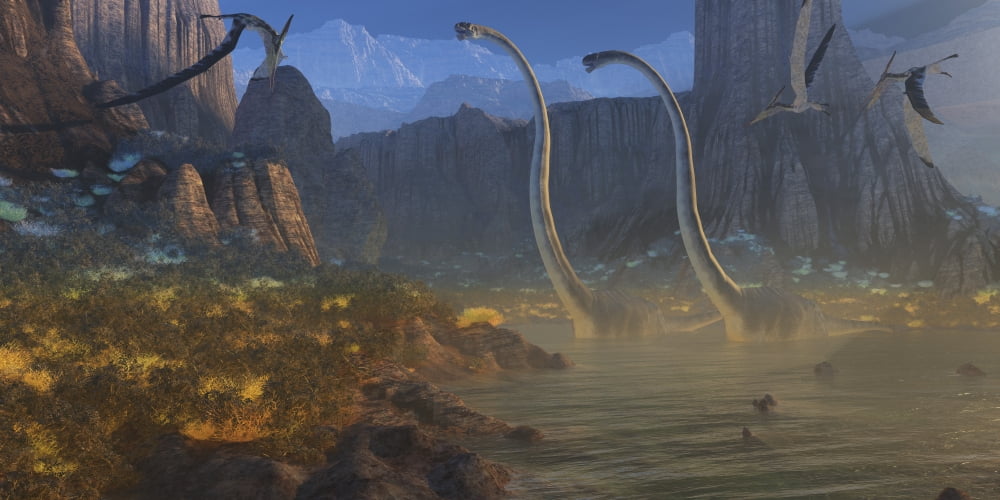 Two Omeisaurus dinosaurs crossing an inlet with flying pterosaurs flying above Canvas Art - Corey FordStocktrek Images (20 x 10)