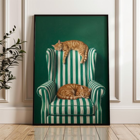 Two Orange Cats Wall Art Print Emerald Chair Decor