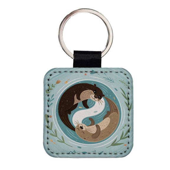 Two Otters Yin Yang Faux Leather Square Keychain