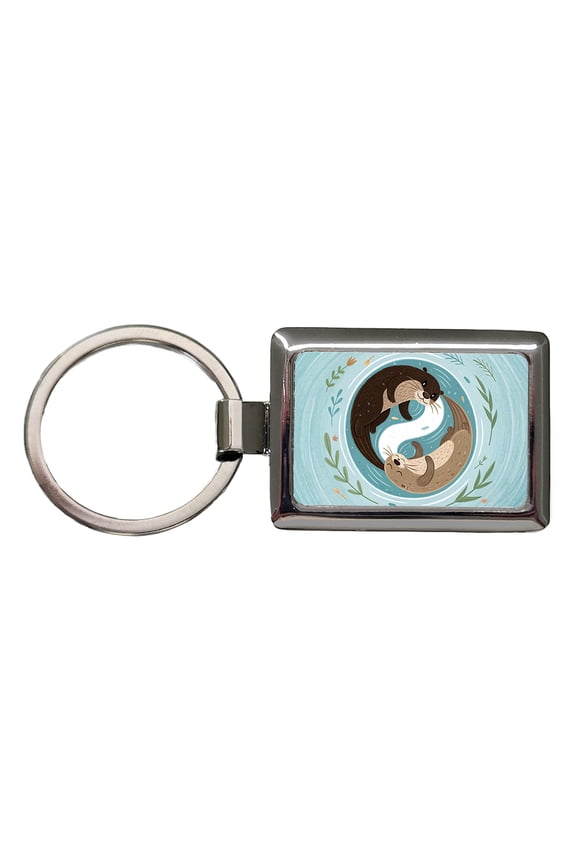 Two Otters Yin Yang Metal Rectangle Keychain