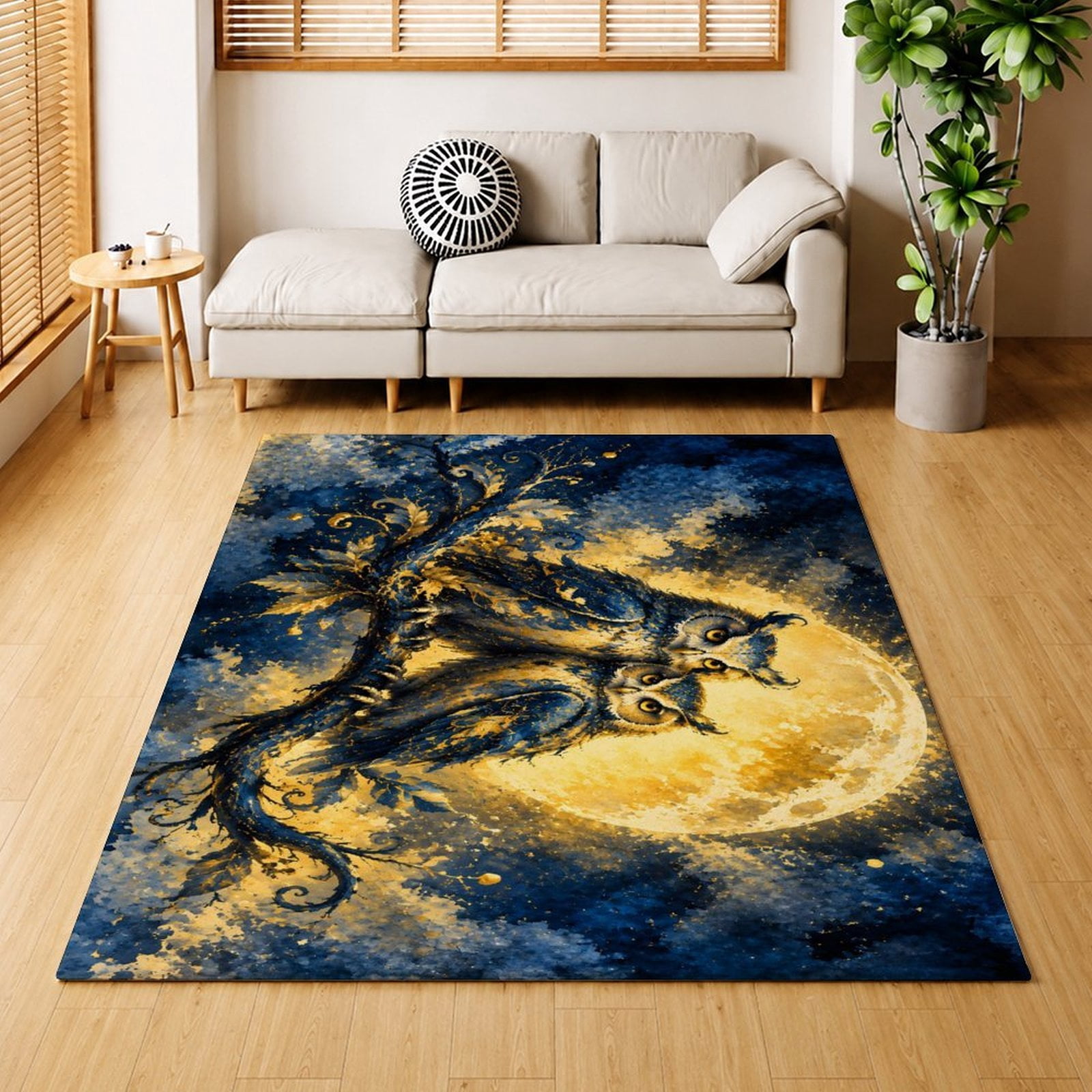 Two Owls Moonlit Night Area Rug Thin Low Pile Velvet Carpet for Living ...
