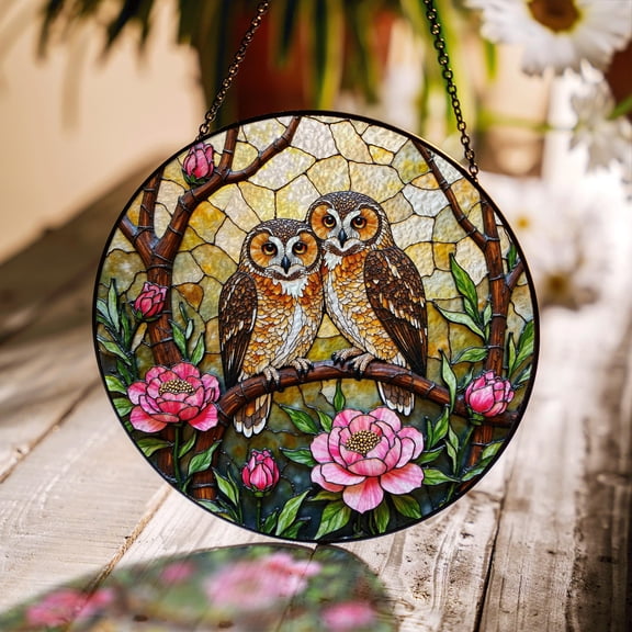Two Owls Tree Branch Stained Glass Suncatcher, Cozy Forest Window Hanging Gift for Owl Lovers, Rustic Home Decor
