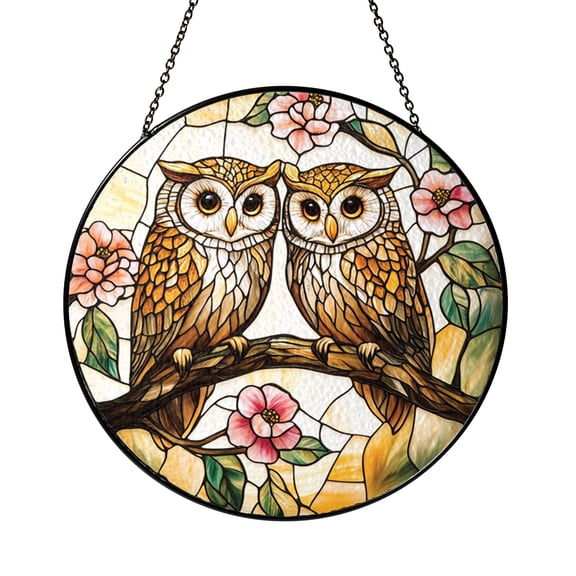 Two Owls on Flowering Branch Stained Glass Suncatcher, Round Window Hanging, Vibrant Bird Home Decor, Gift for Nature Lovers