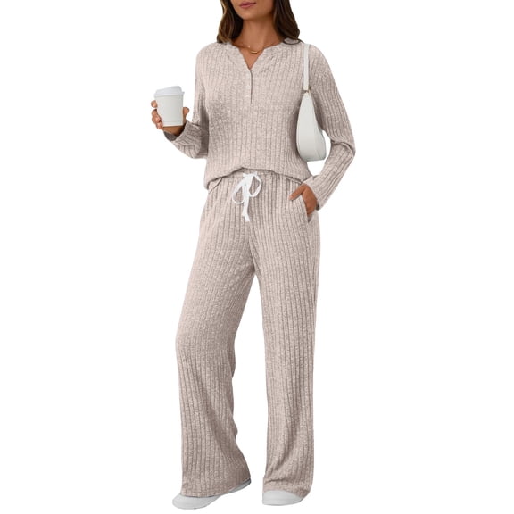 Two Pack Pajama Sets for Women,Long Sleeve Top With Jogger Pants Lounge Set Sleepwear with Pockets