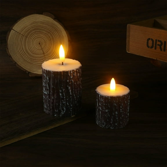 Two Pack Pine Bark Textured Flickering Flameless LED Candles, Battery Operated Fire Risk Free Two Size Set, Seasonal Tabletop Accent for Christmas Winter Mantel Dining Home Decor