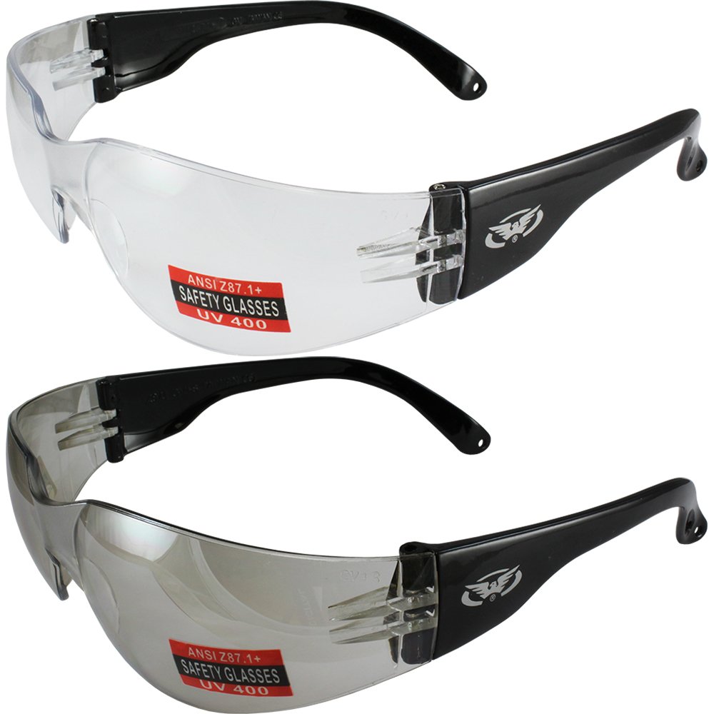 Two Pairs of Global Vision Rider Safety Motorcycle Riding Sunglasses Black Frames One Pair Clear Lens and One Pair Clear Mirror Lens with Microfiber Bags ANSI Z87.1 - image 1 of 4