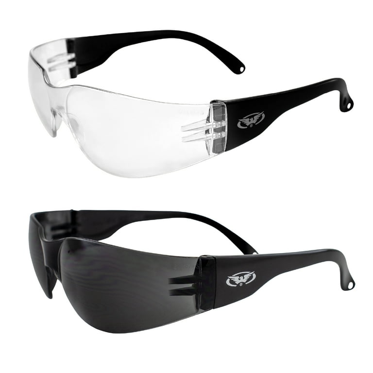 Two Pairs of Global Vision Rider Safety Motorcycle Riding Sunglasses Black Frames One Pair Clear Mirror Lens and One Pair Super Dark Lens with