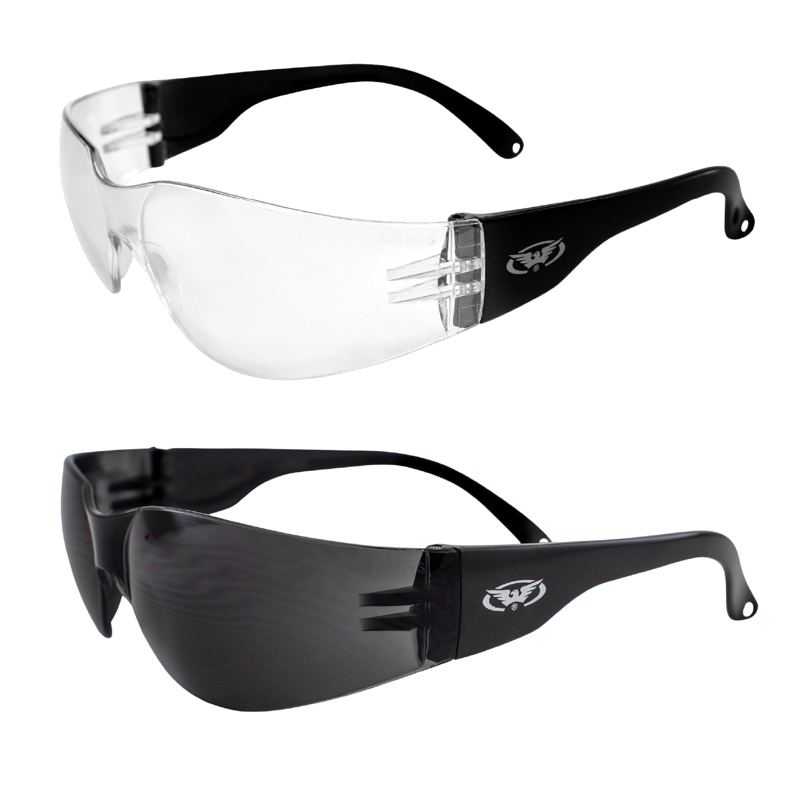Two Pairs of Global Vision Rider Safety Motorcycle Riding Sunglasses Black Frames One Pair Clear Mirror Lens and One Pair Super Dark Lens with Microfiber Bags ANSI Z87.1 - image 1 of 4