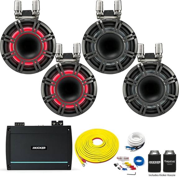 Two Pairs Kicker KMTC11 Black 11" HLCD Tower System with Kicker KXMA1200.2 Amp, 7 Meter Power Wire Kit and 4 Meter RCAs