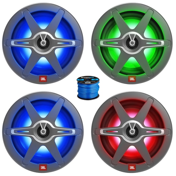 Two Pairs (QTY 4) Of JBL Club 82 8" OEM Replacement 450 Watt Max Power 2-Way High-Performance Marine Speakers with RGB Illumination (White and Gray Grilles), 50 Feet 16 Gauge Speaker Wire
