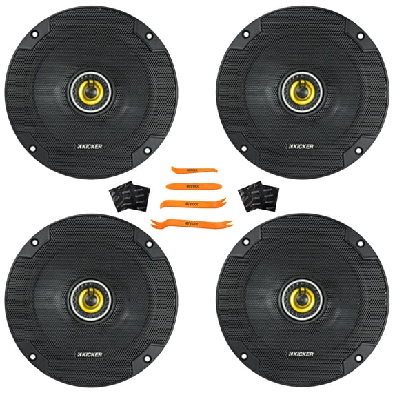 Two Pairs (QTY 4) Of Kicker CSC65 CS Series 6.5" 300 Watt Max Power 4 Ohm 2-Way Car Audio Coaxial Speakers + 4x Speaker Sound Deadening Material For Car Speakers, 4-Piece Trim Removal Tool Kit