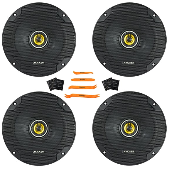 Two Pairs (QTY 4) Of Kicker CSC65 CS Series 6.5" 300 Watt Max Power 4 Ohm 2-Way Car Audio Coaxial Speakers + 4x Speaker Sound Deadening Material For Car Speakers, 4-Piece Trim Removal Tool Kit