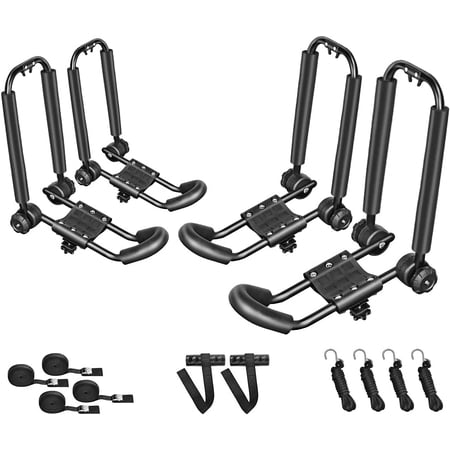 Two Pairs Universal Foldable J-Bar Kayak Rack Folding Car Roof Top Carrier for Canoe, SUP, Kayaks, Surfboard and Ski Board Rooftop Mount on SUV, Car and Truck