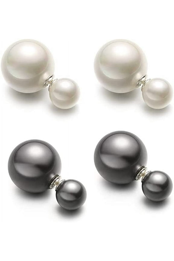 Two Pairs of Double Sided Pearl Earrings for Women in Gift Box