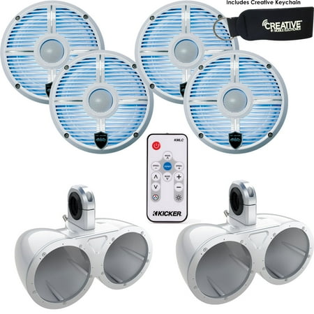 Two Pairs of Wet Sounds REVO6-XWW White 6.5" LED Speakers in KMTED White Enclosures with KMLC LED Controller