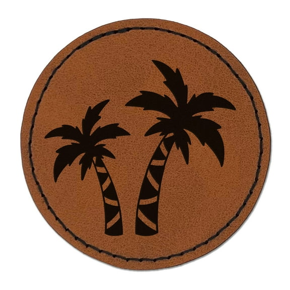 Two Palm Trees Tropical 2.5" Faux Leather Round Engraved Iron-On Patch - Brown