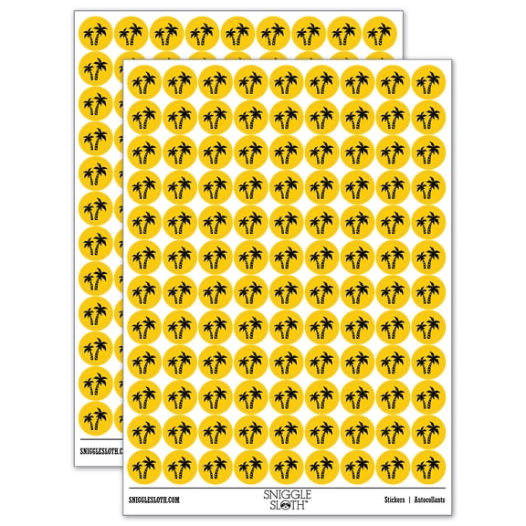 Two Palm Trees Tropical 200+ Round Stickers - Yellow - Matte Finish - 0.50" Size