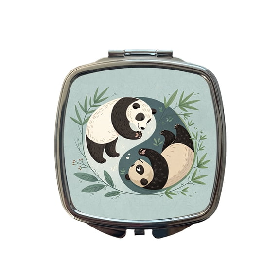 Two Pandas Yin Yang Cute Travel Makeup Handbag Purse Small Pocket Compact Mirror