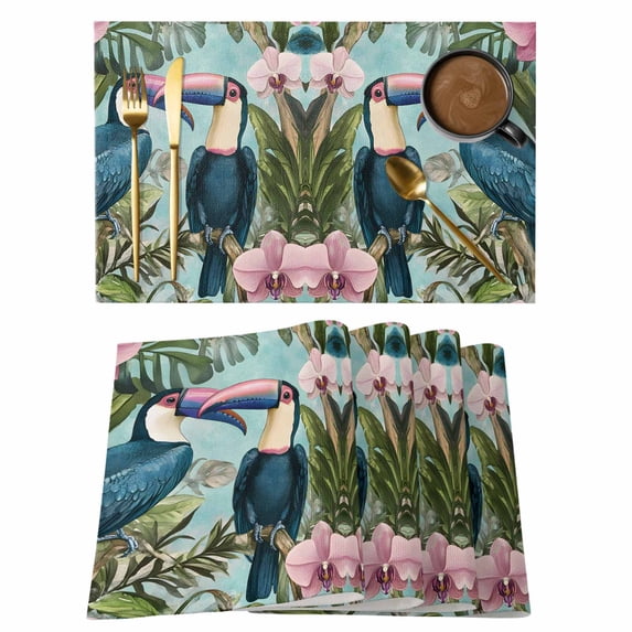 Two Parrots Placemats Set of 1, Summer Animal Leaf Vintage Watercolor Non-Slip Place Mats Washable Table Mats for Kitchen Dining Table Decorations Indoor/Outdoor