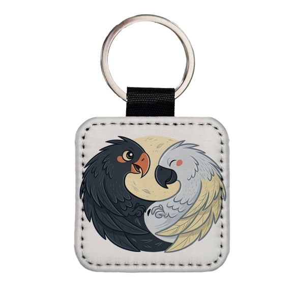 Two Parrots Yin Yang Faux Leather Square Keychain