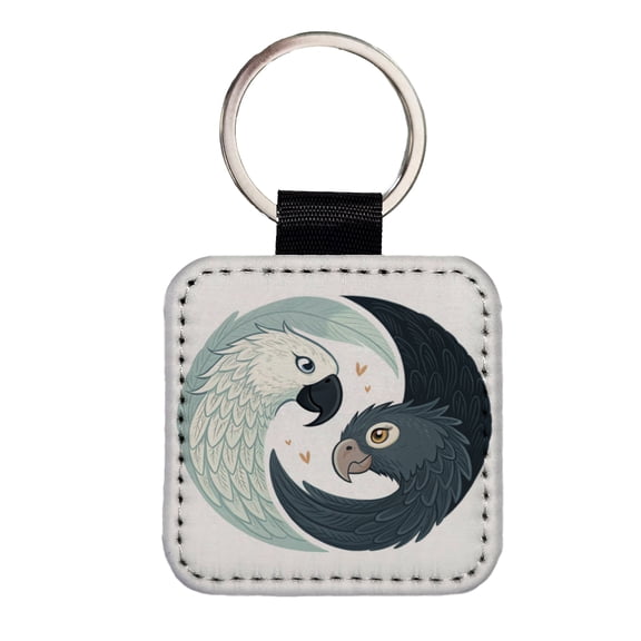 Two Parrots Yin Yang Sweet Faux Leather Square Keychain
