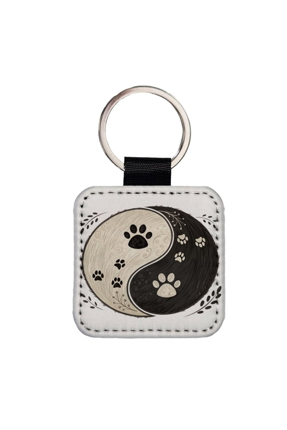 Two Paw Prints Yin Yang Dark Light Faux Leather Square Keychain