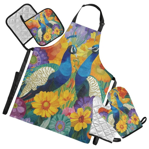Two Peacocks Amid Flowers Apron Set with Oven Mitts Pot Holders Set of 5 Kitchen Stuff Accessories