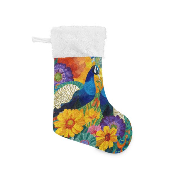Two Peacocks Amid Flowers Christmas Stockings Large Capacity 18 inch Gift Bag with Hook Xmas Holiday Decor 1 Pack