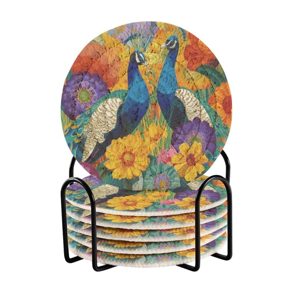Two Peacocks Amid Flowers Drinking Coasters Cup Mat with Holder for Kitchen Cafe Bar 6 Packs