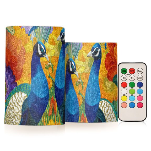 Two Peacocks Amid Flowers Flickering Flameless Candles LED Tealight Battery Operated with Remote Set of 2 Holiday Decor Ornaments