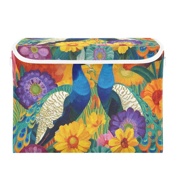 Two Peacocks Amid Flowers Foldable Storage Bins with Lids Handles Collapsible Storage Containers Tote Boxes 16.5 x 12.6 x 11.8 inches
