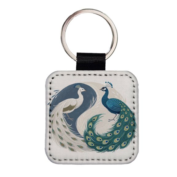 Two Peacocks Yin Yang Faux Leather Square Keychain
