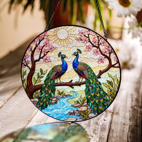 Two Peacocks on Blooming Branch Glass Window Decor, 6.3 in
