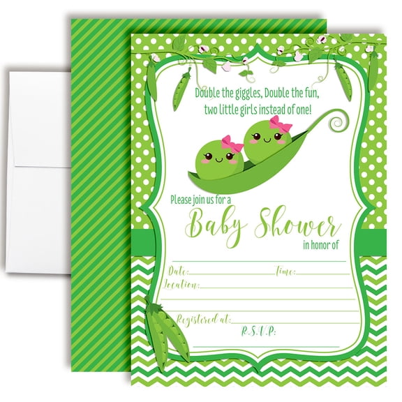 Two Peas in a Pod Twins Baby Shower Invitations, 20 Fill-In Cards with Envelopes, 5x7 Baby Shower Invites & Supplies, New Baby Celebration Cards, Made in USA by Amanda Creation
