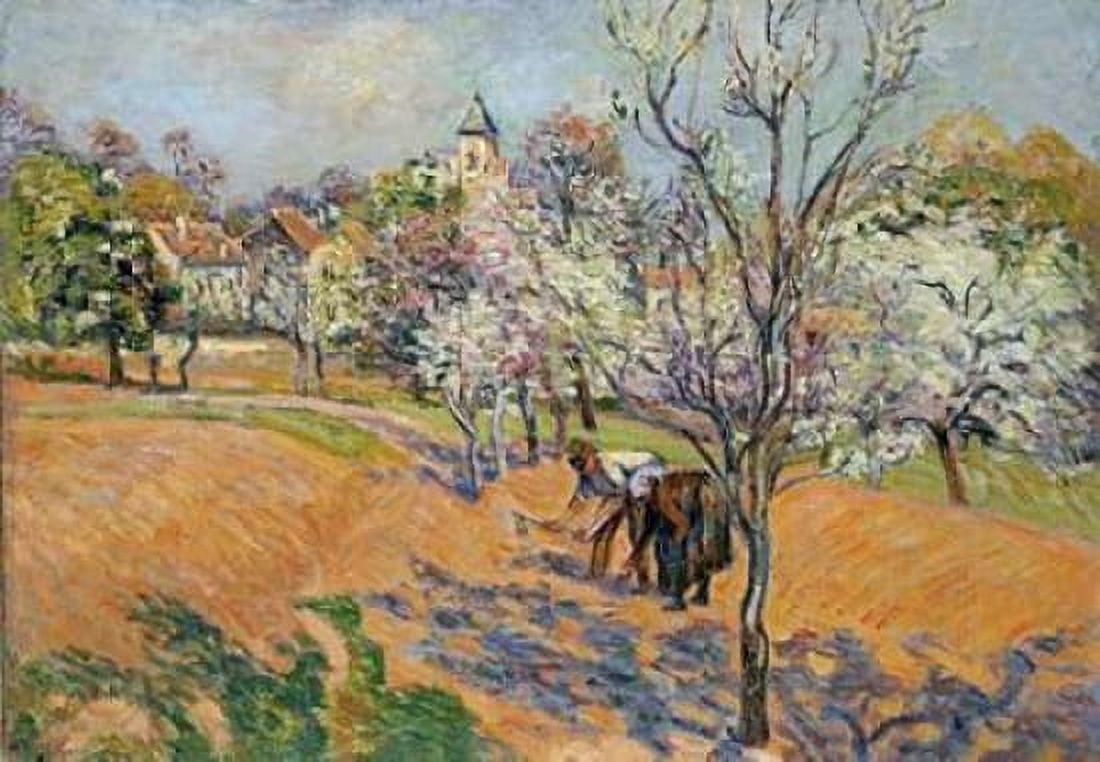 Two Peasants Sowing Haricots In An Orchard In Blossom Canvas Art - Armand Guillaumin (20 x 28)