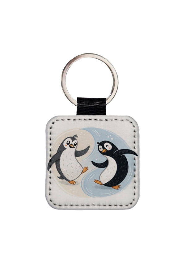Two Penguins Yin Yang Cute Faux Leather Square Keychain