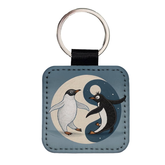 Two Penguins Yin Yang Faux Leather Square Keychain