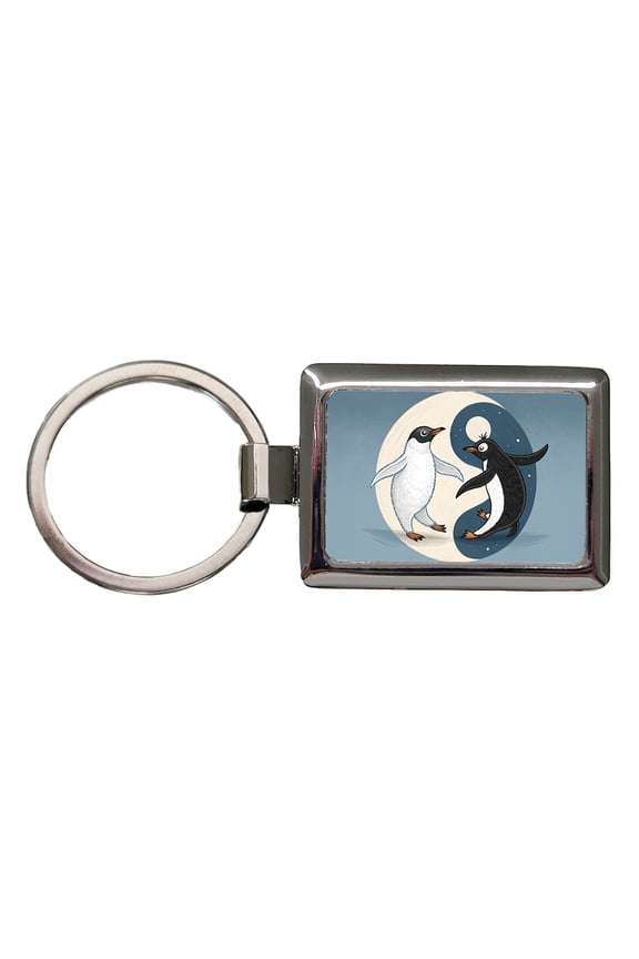 Two Penguins Yin Yang Metal Rectangle Keychain