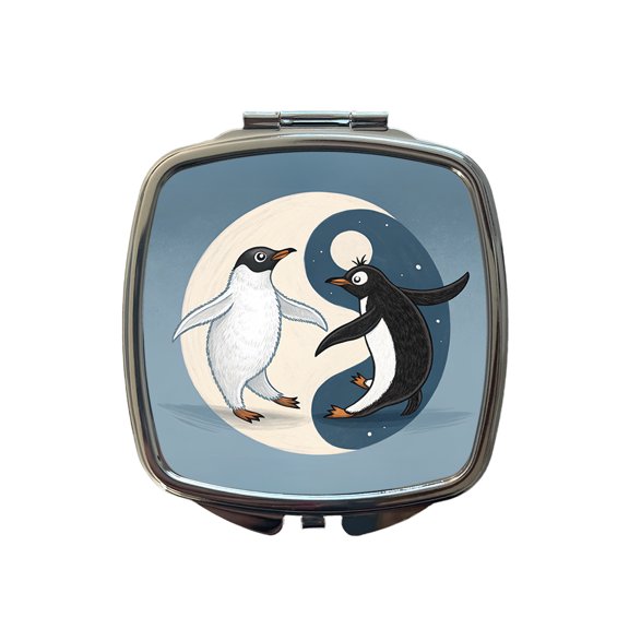Two Penguins Yin Yang Travel Makeup Handbag Purse Small Pocket Compact Mirror